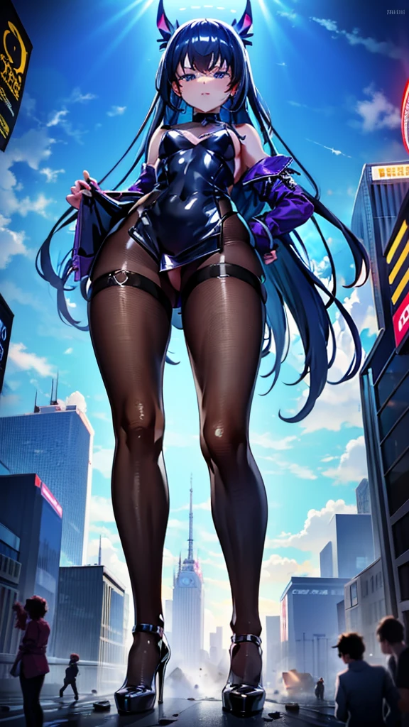 A colossal giantess succubus walks into a tiny city, breaking the floor and everything with her heels, she looks down and mocks you as you see him from below her tiny tits, full bodysuit  and long legs covered all in transparent pantyhose, look down, evil, better quality, close, photo under her, destruction, caos, tiny people, tiny humans, blood