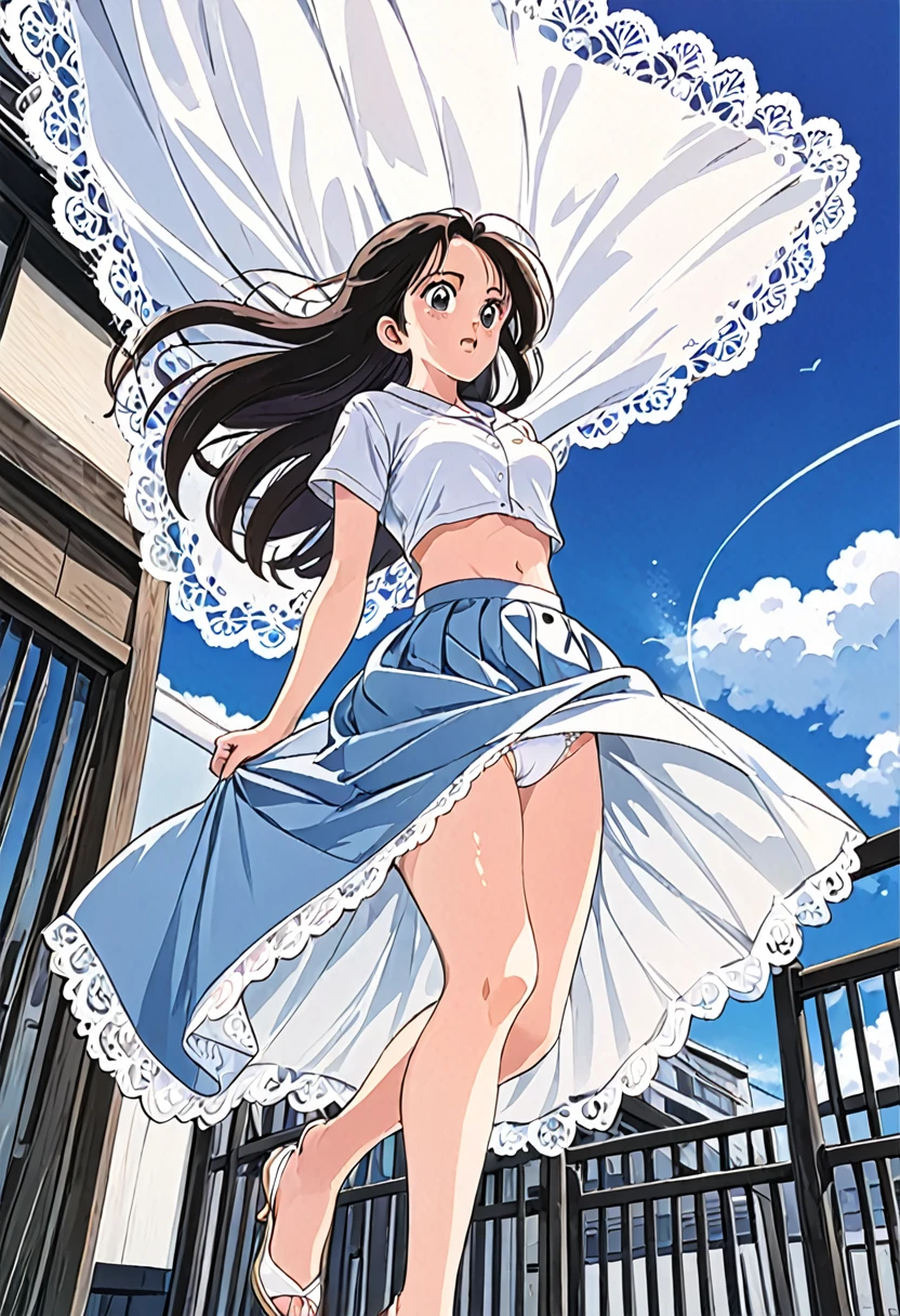音無響子
Low - Angle、
Low - Angle、Long skirt、Hold down your skirt that is being blown up by the strong wind、Anime white panties in a strong wind、Crotch is visible
ローレグのパンツ、Color: White、
Crotch is visible、
、Lined、White lace lining、