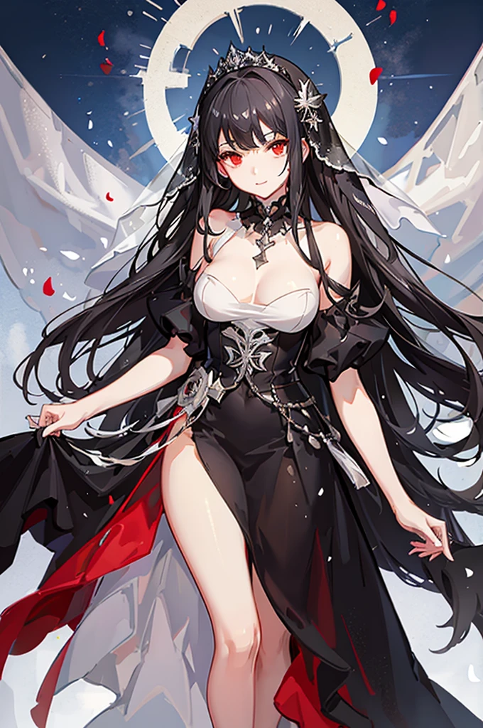 1 girl , long black hair, Red eyes, white wedding dress , big breasts, clear skin, happy face