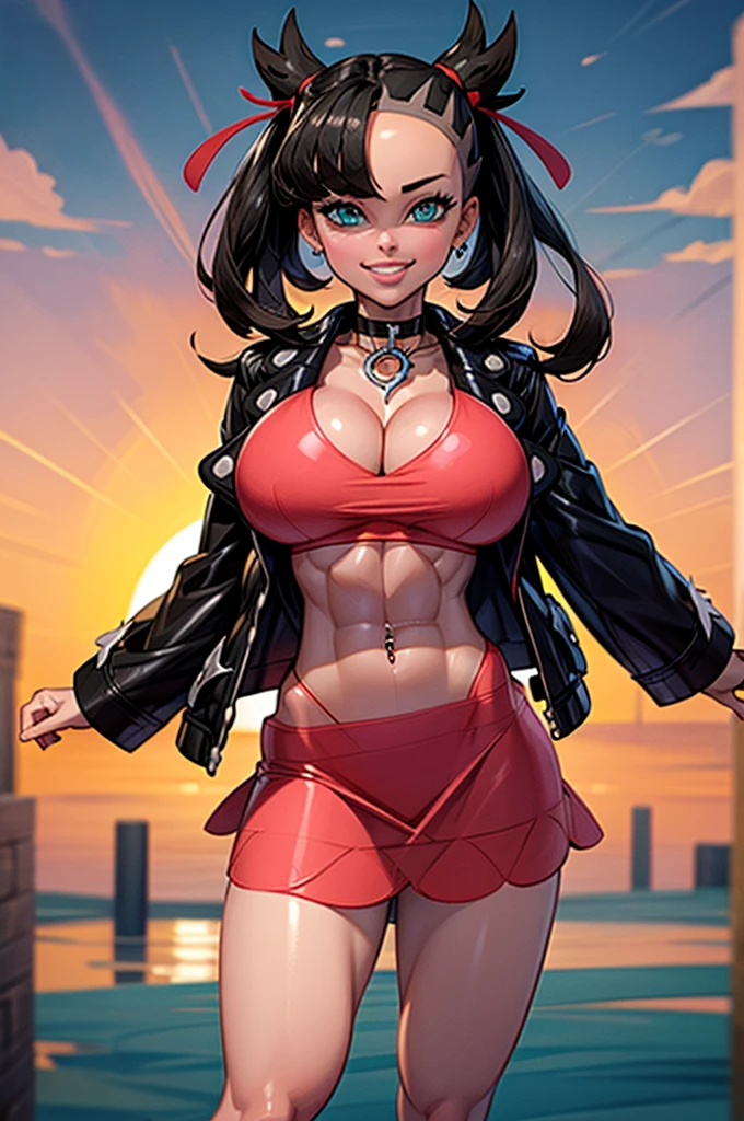 ((masterpiece,best quality)), absurdres, Marnie, aqua eyes, black choker, red ribbon, pink dress, jewelry, (hair bangs), black jacket, open clothes, long sleeves,  solo, smiling, looking at viewer, (slendered abs,, v cut abs), cowboy shot, cinematic composition, contrapposto, (navel exposed), belly button, navel piercing, (gigantic breasts), sunset lighting, pokemon city, puffy lips