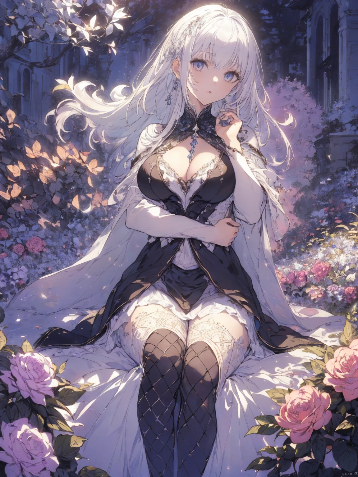 (Landscape photo, with a woman in the bottom right of photo:1.5, in white garden:1.5), Masterpiece, best quality, (very detailed CG unity 8k wallpaper), (best quality), High definition RAW color art, Animation,sculptures, (black Marble Skin), (((Ultra detailed elegant))), Magical atmosphere, Detailed skin, Texture,(Intricately detailed, Fine detail, ultra-detail art), depth of fields, Bokeh, Silky Touch, Hyper Detail, beautiful eyes, elegant face, (squating:1.3, sitting), sparkle background, enormous breast:1.3, (silver hair), pose, muscle, rose, ドラマチックな光, pastel purple, センターパート