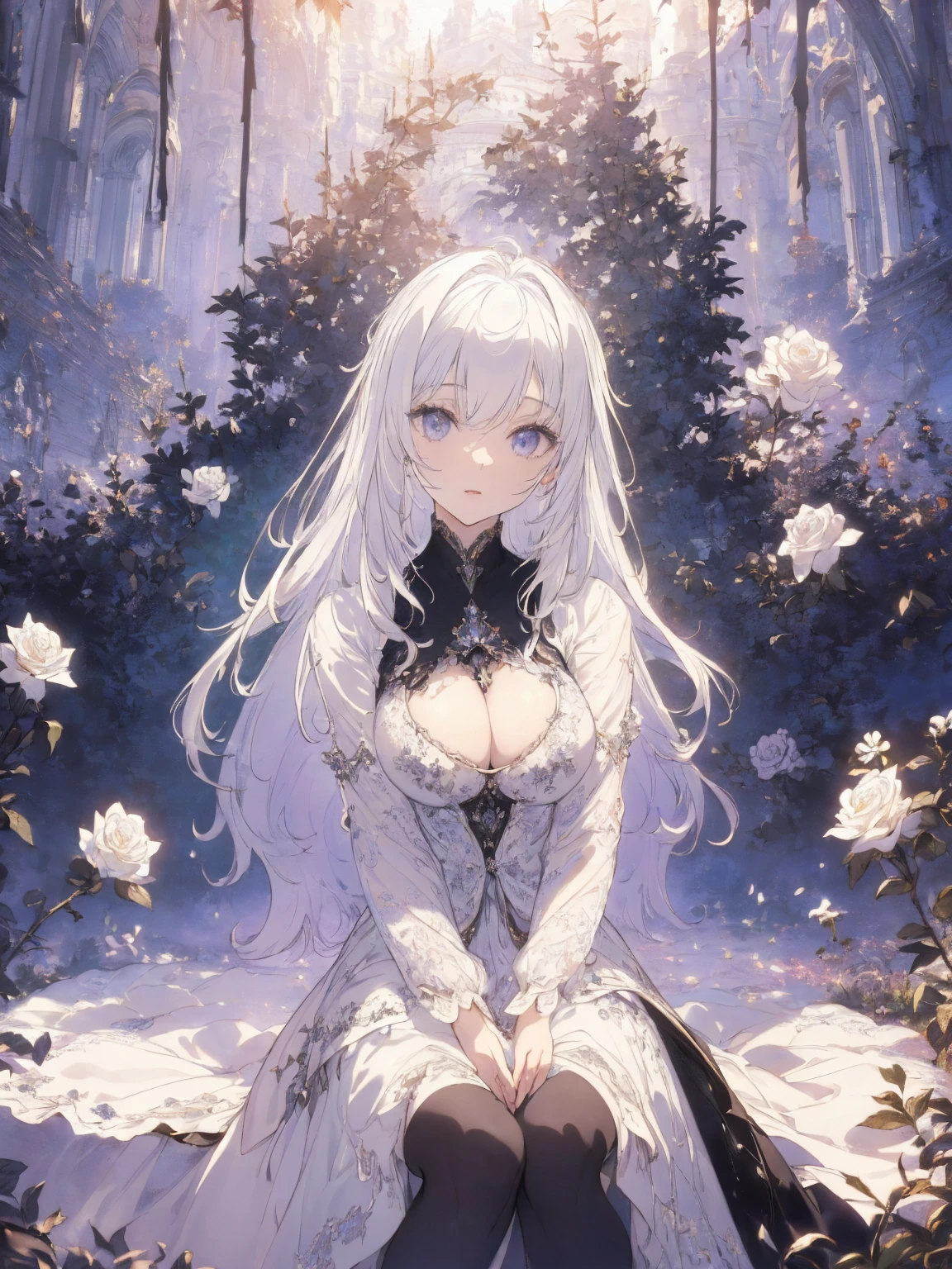 (Landscape photo, with a woman in the bottom right of photo:1.5, in white garden:1.5), Masterpiece, best quality, (very detailed CG unity 8k wallpaper), (best quality), High definition RAW color art, Animation,sculptures, (black Marble Skin), (((Ultra detailed elegant))), Magical atmosphere, Detailed skin, Texture,(Intricately detailed, Fine detail, ultra-detail art), depth of fields, Bokeh, Silky Touch, Hyper Detail, beautiful eyes, elegant face, (squating:1.3, sitting), sparkle background, enormous breast:1.3, (silver hair), pose, muscle, rose, ドラマチックな光, pastel purple, センターパート
