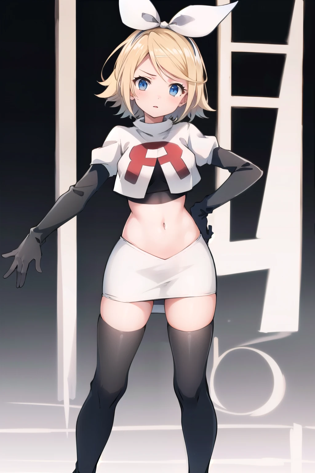 1girl, prushka, short hair, multicolored hair, medium breasts, maid headband, looking at viewer, :\, team rocket,team rocket uniform,white skirt,red letter R,crop top,black thigh-highs,black elbow gloves