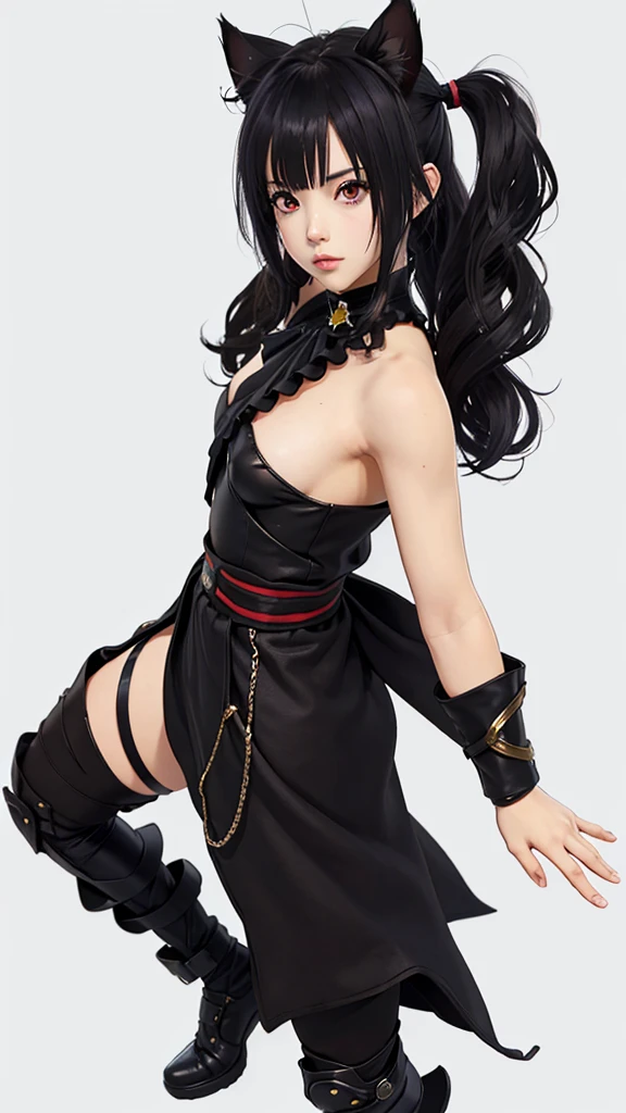 ((full body)) a cartoon of a boy with a mask, trigger anime art style, anime style épico, personaje de anime style, ,long hair slightly wavy slightly past the shoulders, black bangs, small black pigtails on the sides, cute cat ears, beautiful thin red eyes,, anime shading vector, anime style, ninja mk, Kakashi Hatake, kakashi, Unknown art style, high quality anime art style, stylized anime, Aguas Thancred, solo anime style