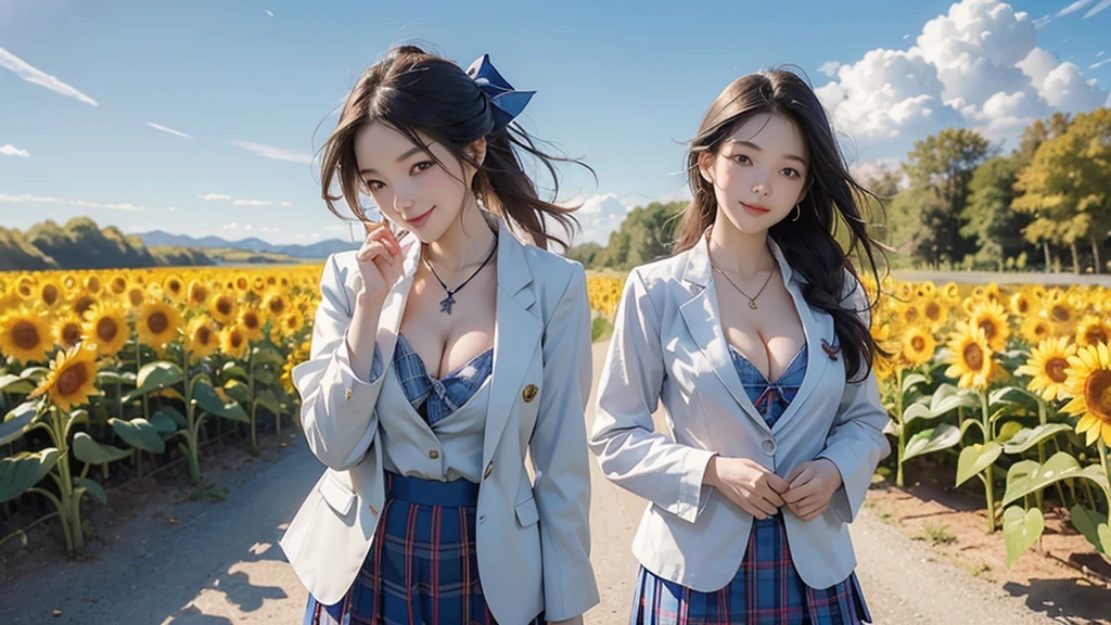 8K、RAW Photos、Highest quality、Super detailed、Super Resolution、Ultra HD、8K壁紙、Amazing details American blazer uniform girl ((White blouse with formal collar, Blue blazer, Blue plaid skirt, Red checkered ribbon on blouse)), Complete limbs, Full Finger,
A large sunflower field in the countryside、Straight road、Walk through the sunflower field,smile、sun、School bag、Heart Necklace
(((Emphasize cleavage)))
((Full body photo))
((Blue sky))