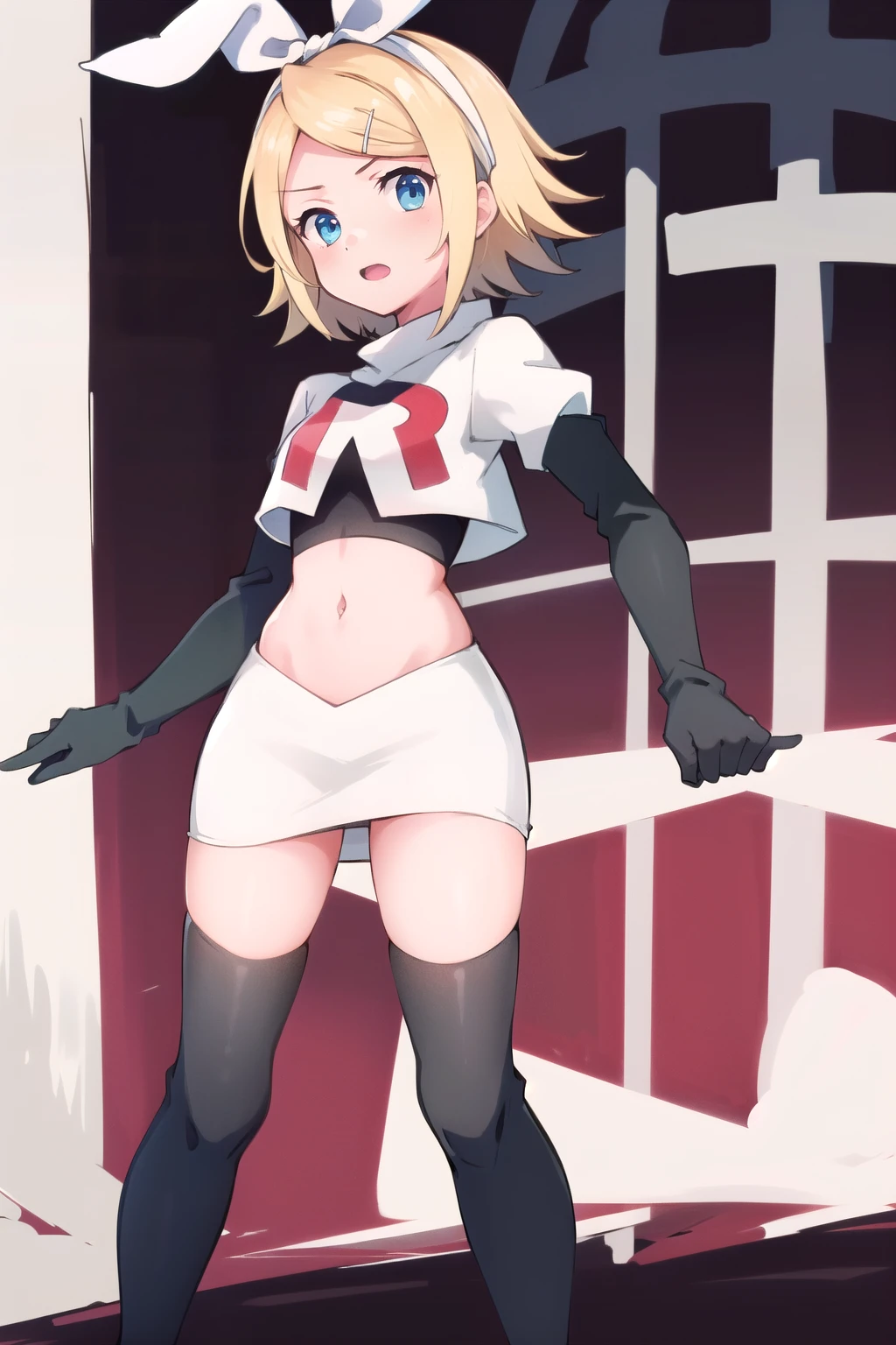 masterpiece, best quality, absurdres, perfect anatomy, 1girl, solo, Kagamine Rin, short hair, bow, team rocket,team rocket uniform,white skirt,red letter R,crop top,black thigh-highs,black elbow gloves