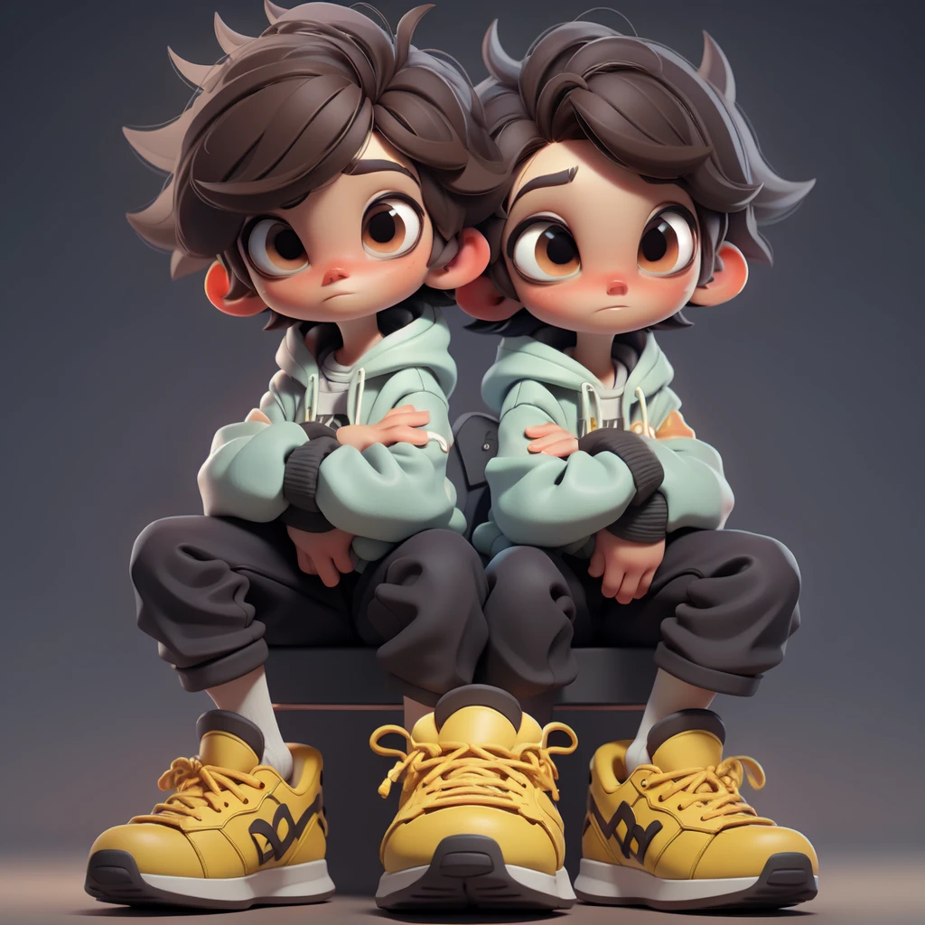 3D character model, anime boy, big eyes, spiky brown hair, colorful hoodie and sneakers, seated pose, holding stuffed animal, toy-like design