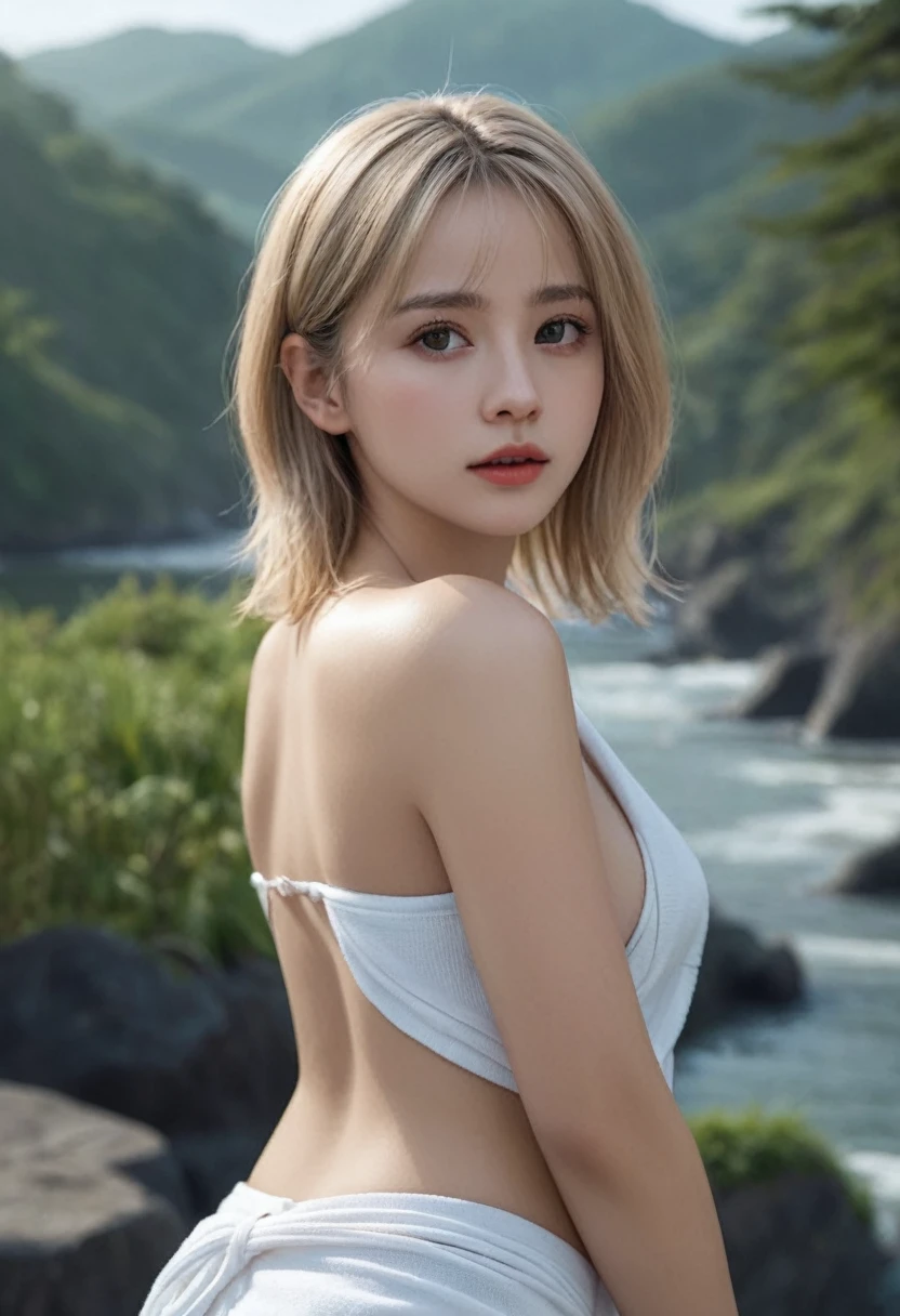 ella_freya, (masterpiece:1.3), (8k, photorealistic, RAW photo, best quality: 1.4), (1girl), beautiful face, (realistic face), (blonde hair, short hair:1.3), beautiful hairstyle, realistic eyes, beautiful detailed eyes, (realistic skin), beautiful skin, night, foggy, absurdres, attractive, ultra high res, ultra realistic, highly detailed, golden ratio, hotspring, topless, waist towel