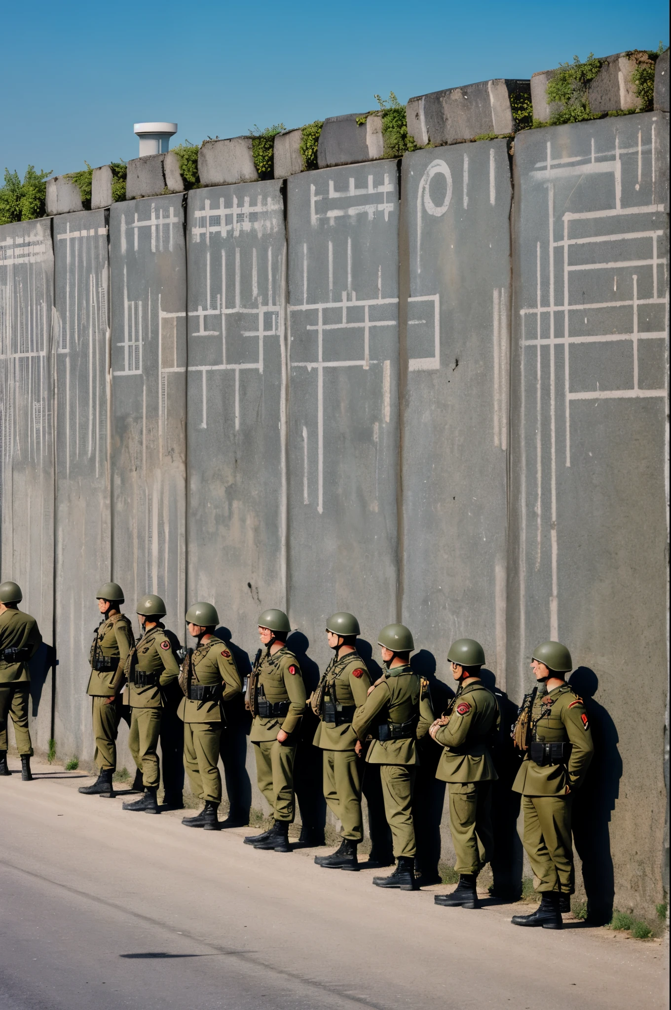An image showing the Berlin Wall in which people and soldiers appear