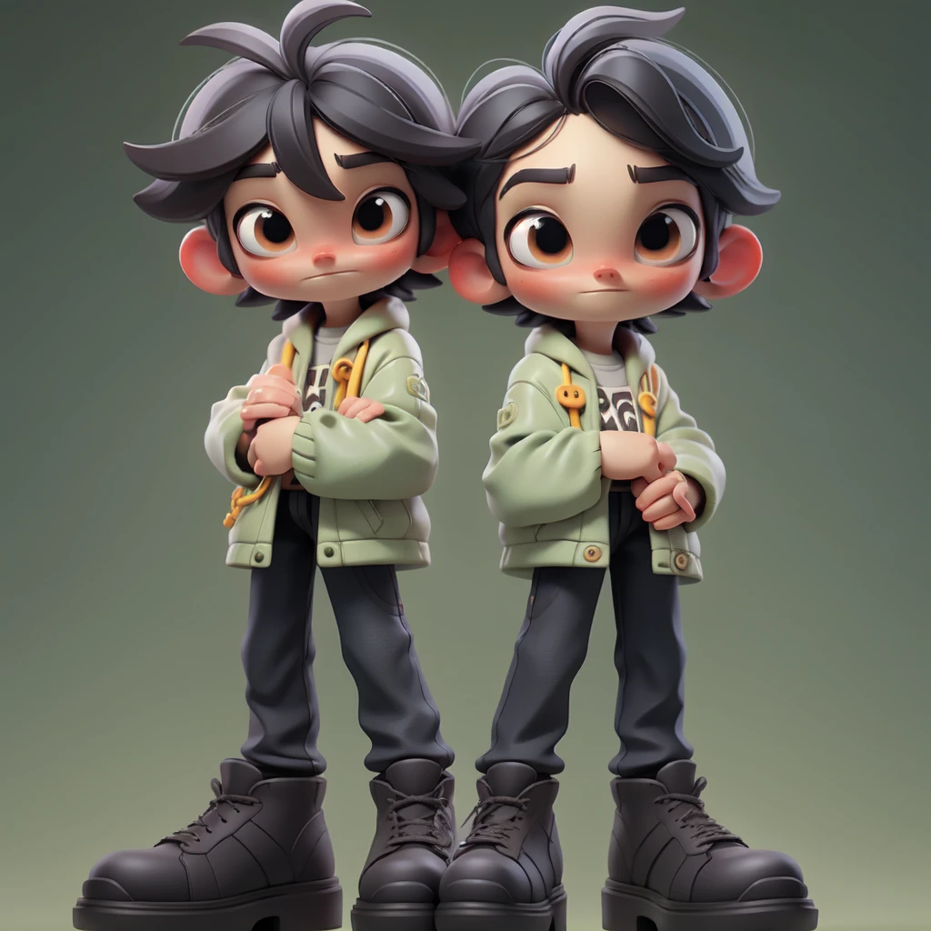 Anime-style figure, young boy, expressive facial features, vibrant clothing, detailed shoes, casual pose, holding plush toy, collectible figurine look