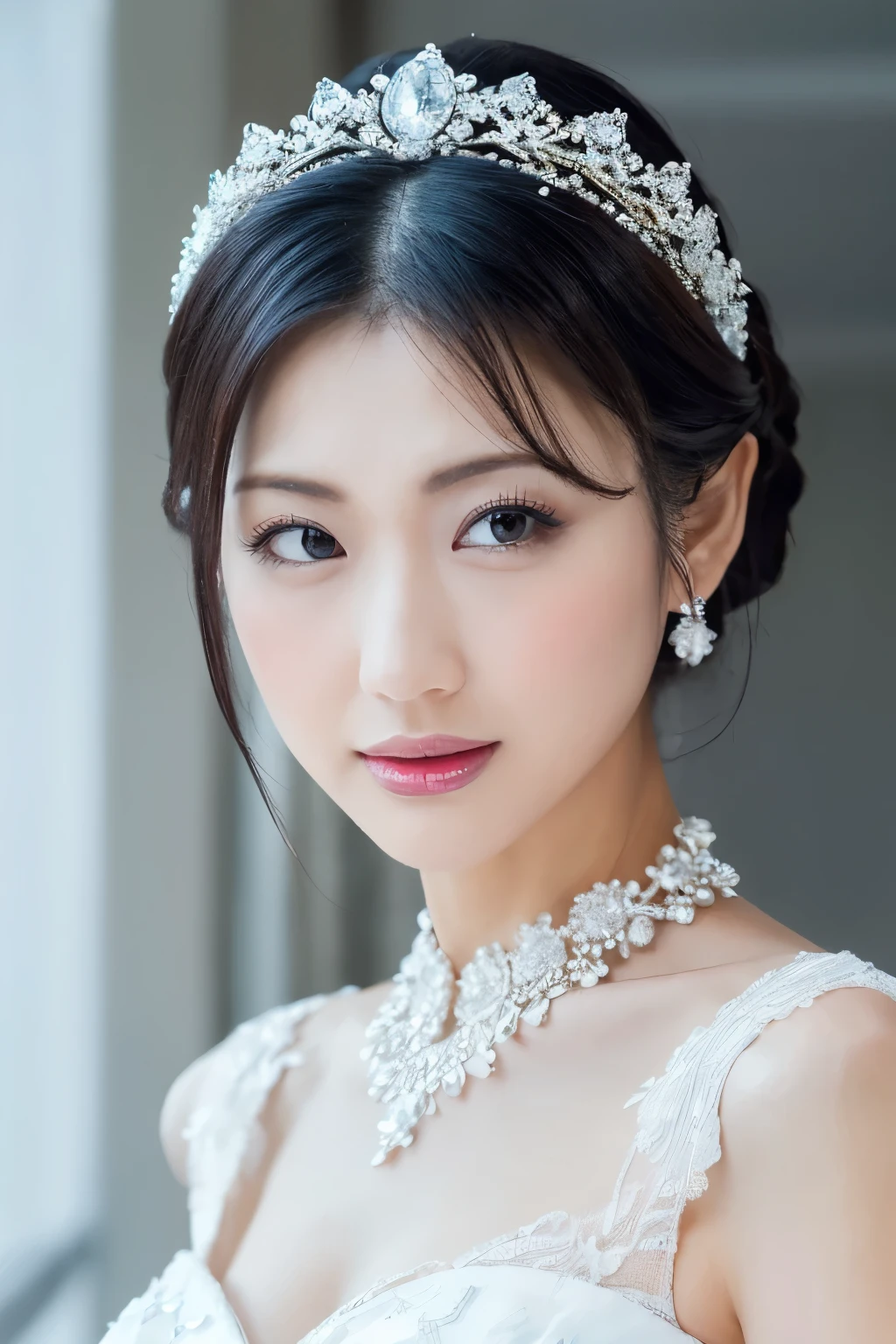 (Highest quality、Tabletop、8K、Best image quality、Award-winning works)、One beautiful bride、(alone:1.1)、(The most extravagant and gorgeous huge pure white wedding dress:1.1)、(Perfect Wedding Lace:1.2)、(The most gorgeous and luxurious giant tiara:1.1)、(The most extravagant and luxurious giant necklace:1.1)、The finest jewellery decoration、Perfect Makeup、Long eyelashes、Ultra HD Shining Eyes、Ultra HD Hair、Ultra-high resolution glossy lips、Super high resolution beautiful face、(Accurate anatomy:1.1)、Very bright and beautiful skin、very bright and vivid、Perfect beautiful bridal hairstyles、(Front facing body:1.1)、(The simplest solid color background:1.2)、(Cold, expressionless face:1.5)