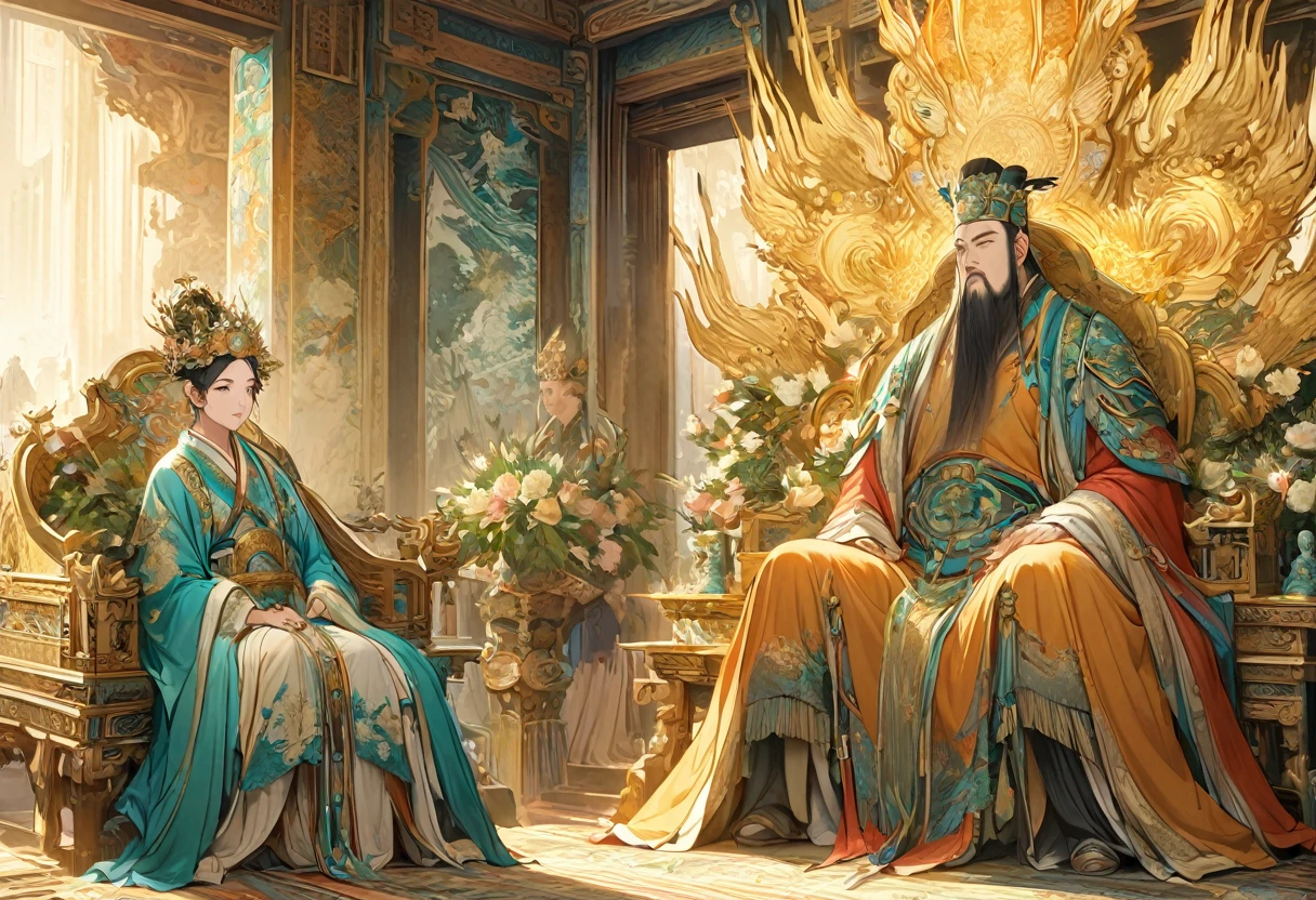 show a meeting between 2 people, a jade Emperor seated on a magnificent golden throne in the heavenly realm looks to a young farmer who is in simple clothing stands respectfully before him . Surround them with  vibrant celestial flora under a soft, golden light, symbolizing the sacred nature of the encounter.