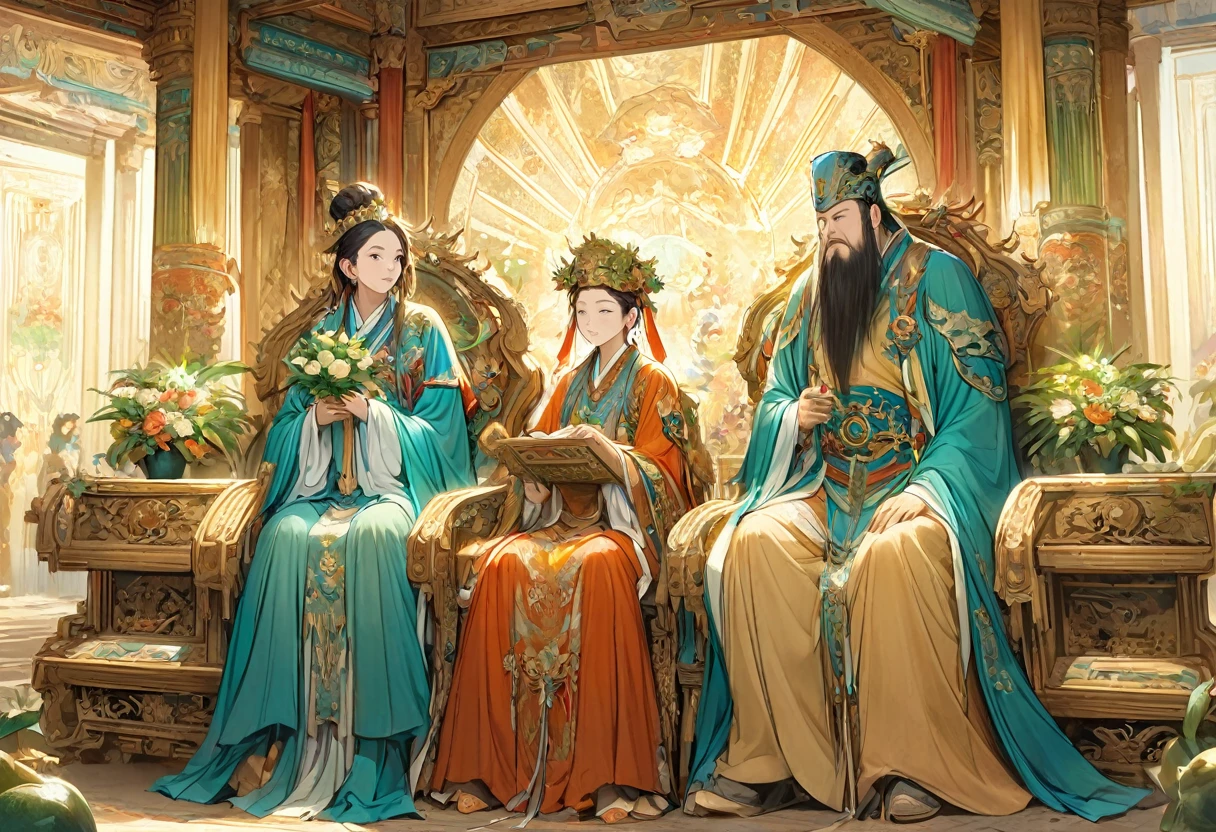 show a meeting between 2 people, a jade Emperor seated on a magnificent golden throne in the heavenly realm looks to a young farmer who is in simple clothing stands respectfully before him . Surround them with vibrant celestial flora under a soft, golden light, symbolizing the sacred nature of the encounter.