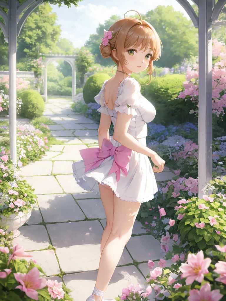 Delicate Composition, hyper detailed, best quality, blurry foreground, dynamic view, 1 girl, (seductive smile:0.6), solo, large breasts, hair in takes, beautiful detailed garden, fluttered detailed petal, grow, (white fishnets), kinomoto sakura, standing, (looking back at viewer), (miniskirt)