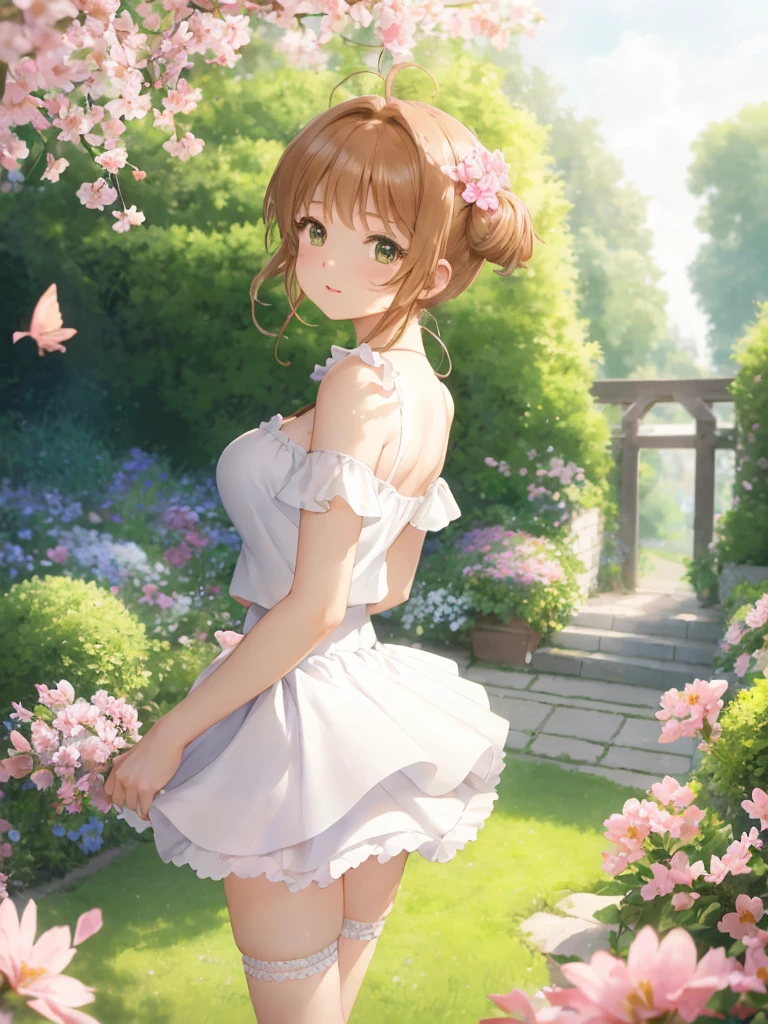 Delicate Composition, hyper detailed, best quality, blurry foreground, dynamic view, 1 girl, (seductive smile:0.6), solo, large breasts, hair in takes, beautiful detailed garden, fluttered detailed petal, grow, (white fishnets), kinomoto sakura, standing, (looking back at viewer), (miniskirt)