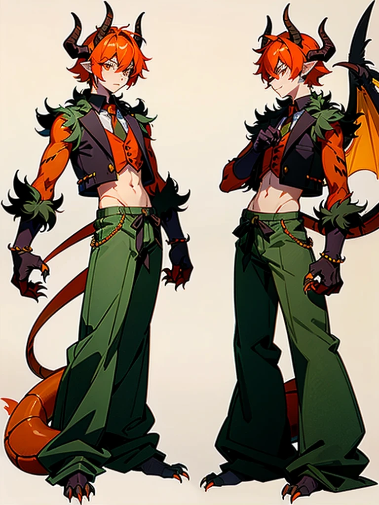 Reference sheet of a young man with orange hair, pointed furry ears, furry colorful limbs, two black horns, insectoid plates on chest and tummy, claws on hands, two dragon wings and tail in open vest and baggy pants with ornaments