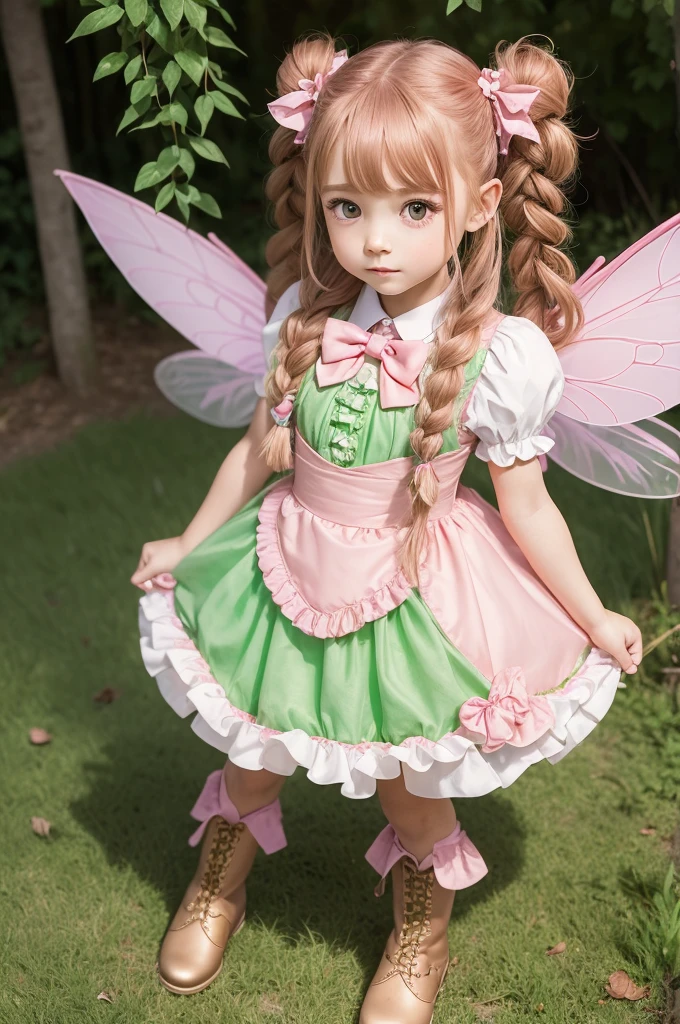 ((best qualityer)), ((work of art)), (detailded), 1 fairy girl, with green dress and pink ruffle, with brown vest, pink bows, long brown boots, with ties at the top, golden buckles, long red hair, with half braids on the sides, pink eyes, withe wings, standing, chibi