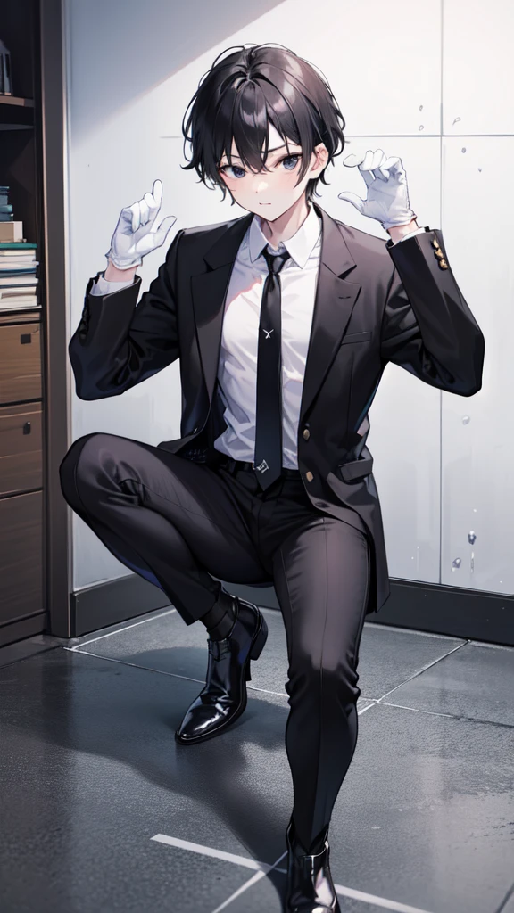 18-year-old boy,cute,Wear a white short-sleeved shirt and a black work tie,Wear black pants,Wear black booties,Wear white gloves,Black hair,Black eyes,porn pose