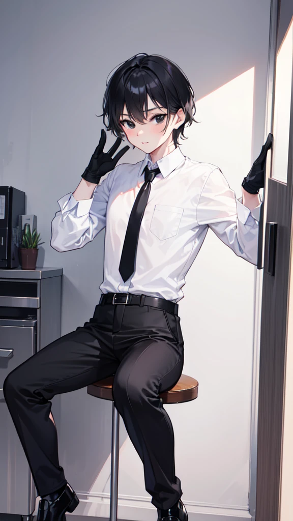 18-year-old boy，cute，Wear a white long-sleeved shirt and a black work tie，Wear black pants，Wear black booties，Wear white gloves，Black hair，Black eyes，porn pose