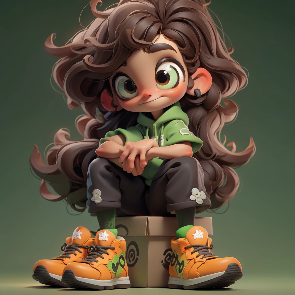 Cartoon character sculpture, with brown hair, large eyes, orange and green outfit, neon sneakers, sitting on a box, playful expression, modern design
