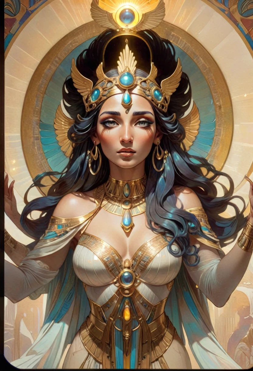 a beautiful goddess isis, egyptian goddess, alphonse mucha style, detailed crown, queenie gesture, ornate headdress, flowing robes, golden skin, piercing eyes, intricate details, ethereal lighting, dreamlike atmosphere, vibrant colors, dramatic pose, masterpiece, 8k, ultra-detailed, photorealistic, cinematic, glowing aura