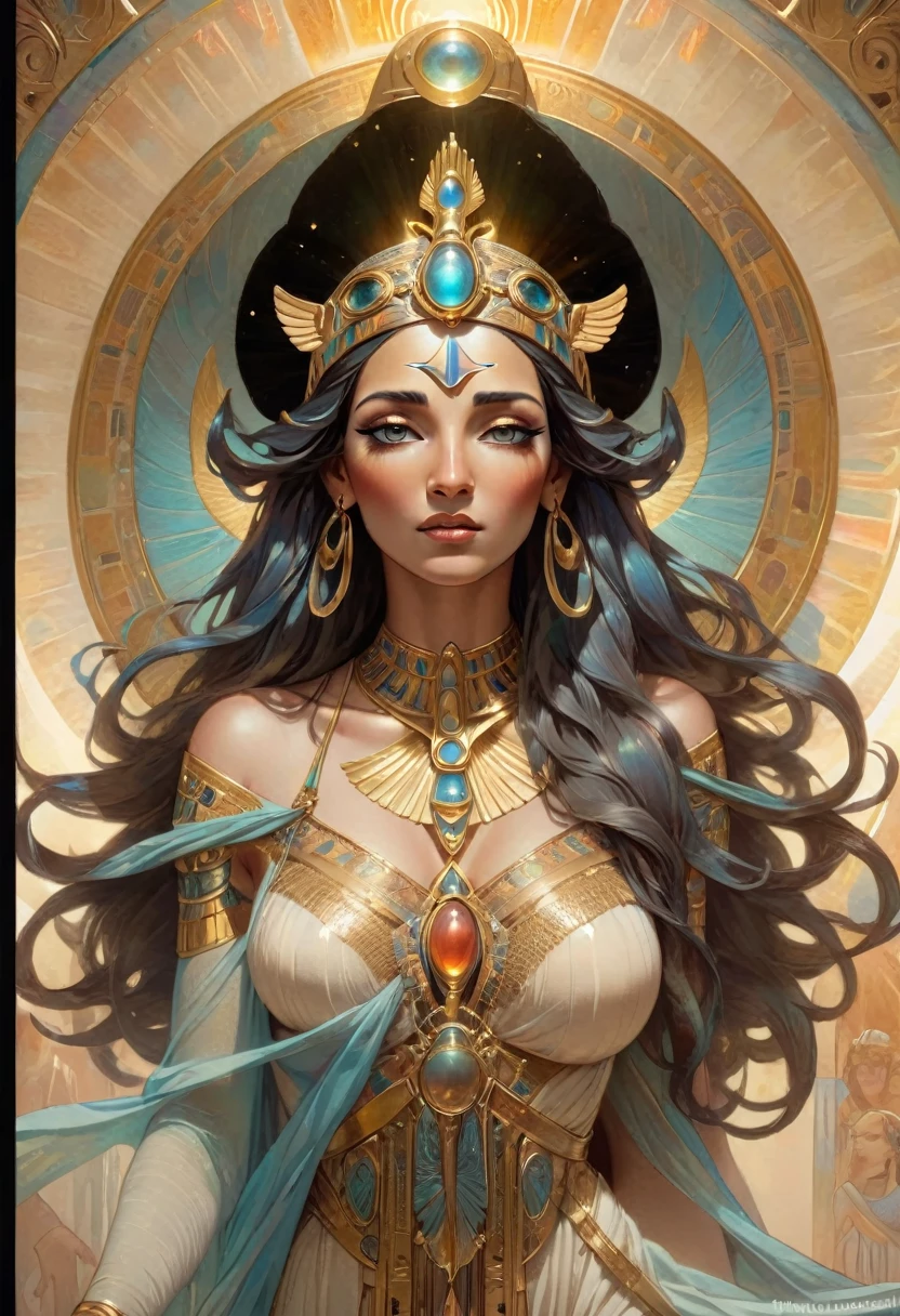 a beautiful goddess isis, egyptian goddess, alphonse mucha style, detailed crown, queenie gesture, ornate headdress, flowing robes, golden skin, piercing eyes, intricate details, ethereal lighting, dreamlike atmosphere, vibrant colors, dramatic pose, masterpiece, 8k, ultra-detailed, photorealistic, cinematic, glowing aura