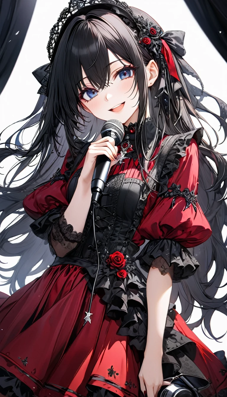 (((White background:1.2)))、(masterpiece、Ultra HD、Masterpiece、4K)、Perfect Style、Scandinavian Gothic Metal Girl, Intricate details, Highly detailed eyes, Gazing into the distance、Black long hair、Red Gothic Dress, Flash photography, Intricate details、smile、Wear long black bootini skirt、Intense movement、Uplifting、looks fun、masterpiece,high quality,One person girl,Idol singer,Gorgeous gothic outfit,Holding a microphone,sing,Rich in details,Correct finger,