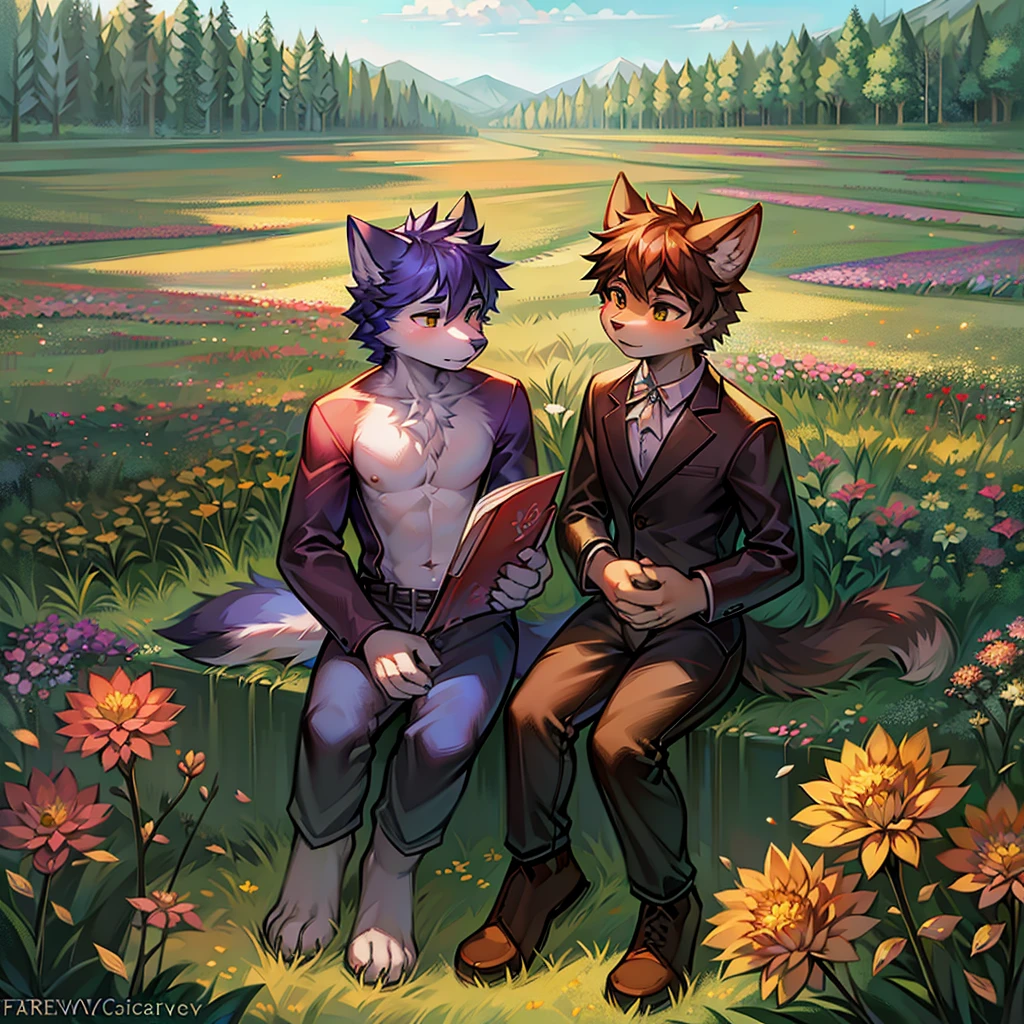 there is a man sitting in a field of flowers with a cat on his lap, a digital painting inspired by Caspar Wolf, deviantart contest winner, furry art, sitting in a field of flowers, in a field of flowers, sitting with flowers, in a field with flowers, in a meadow, official fanart, standing in a flower field, detailed fanart
