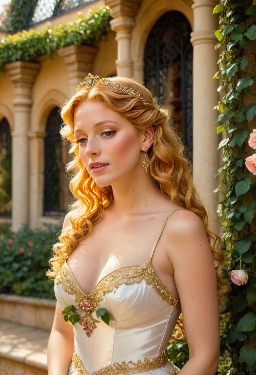 princess in blissful languor, beautiful detailed eyes, beautiful detailed lips, flowing gown, dreamy expression, golden hair cascading down, sparkling tiara, strawberry blonde curls, royal palace, soft sunlight filtering through stained glass windows, exquisite chandelier lighting, romantic atmosphere, vibrant colors, Mediterranean garden, fragrant flowers in full bloom, fountain with dancing water, whispering breeze, whimsical butterflies fluttering around, faint sound of birds chirping, lush greenery, ivy-covered trellis, endless rows of blooming roses, Prince Charming's irresistible presence, anticipating love and happiness, (best quality, 4k, 8k, highres, masterpiece:1.2), ultra-detailed, (realistic, photorealistic, photo-realistic:1.37), romantic portrait style, soft pastel color palette, dreamy lighting, ethereal ambiance