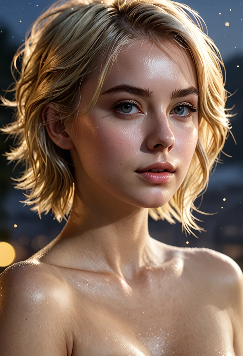 ella_freya, (masterpiece:1.3), (8k, photorealistic, RAW photo, best quality: 1.4), (1girl), beautiful face, (realistic face), (blonde hair, short hair:1.3), beautiful hairstyle, realistic eyes, beautiful detailed eyes, (realistic skin), beautiful skin, night, foggy, absurdres, attractive, ultra high res, ultra realistic, highly detailed, golden ratio, hotspring, topless, waist towel