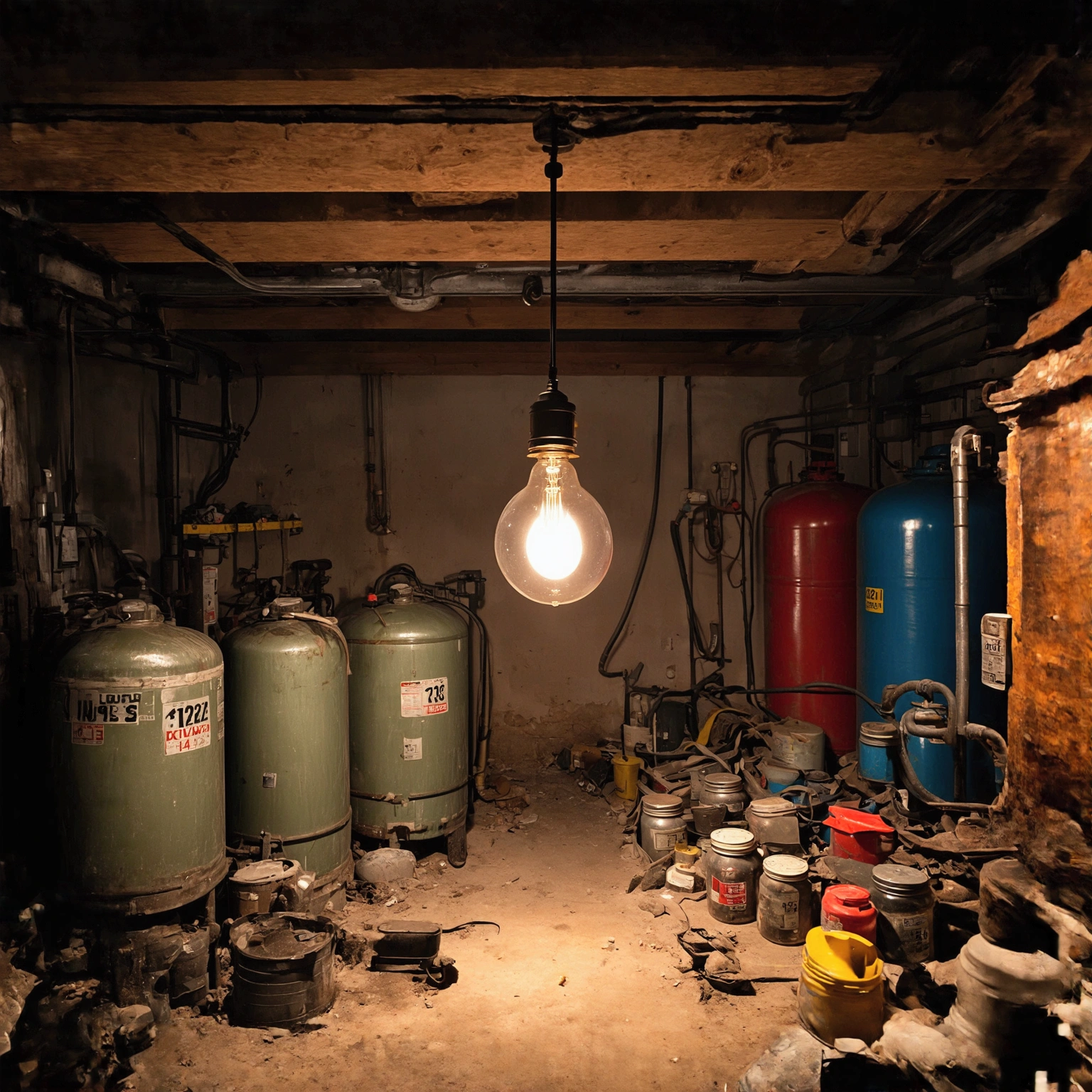 "A small hanging light bulb illuminates" the garage's low space, similar to the laboratory of a mad and messy genius. The space is disordered and chaotic, tools, jars, various objects. At the rear you can see the tanks marked with numbers, including the large diesel and gasoline tanks.  Chaos is dangerous