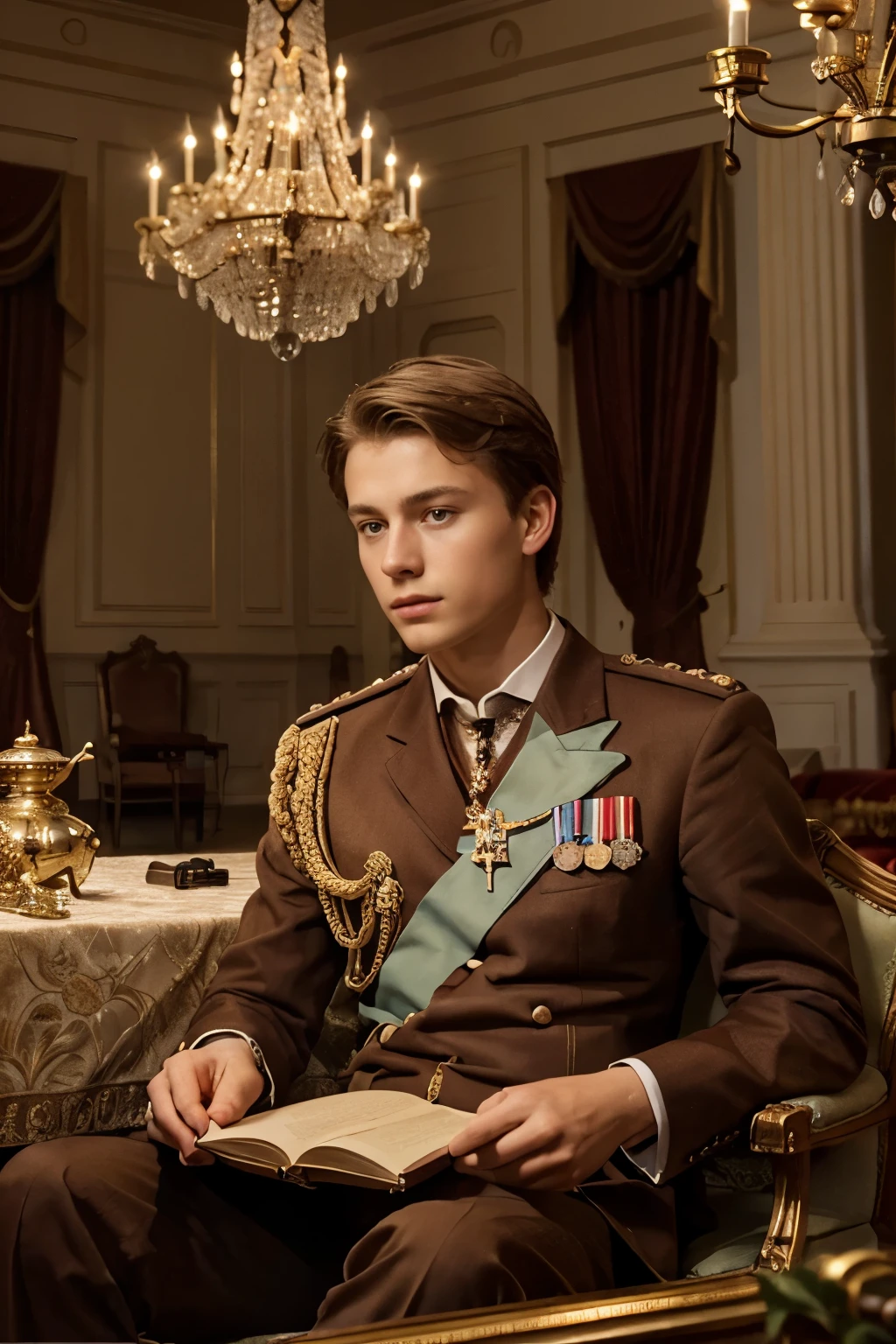 Sixteen-year-old King Christian of Denmark:

Prompt: A young king, 16-year-old King Christian of Denmark, sits in an opulent room filled with royal symbols. He appears more engrossed in himself than in ruling, surrounded by luxurious objects and books. A book titled "Masturbatic Insanity" lies open on a table nearby. His advisors stand at a distance, looking concerned.
