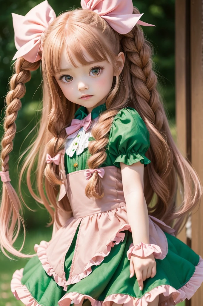 ((best qualityer)), ((work of art)), (detailded), 1 fairy girl, with green dress and pink ruffle, with brown vest, pink bows, long brown boots, with ties at the top, golden buckles, long red hair, with half braids on the sides, pink eyes, withe wings, standing, chibi