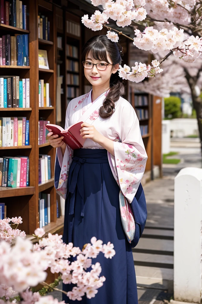 cherry blossoms、kimono、librarian、book store