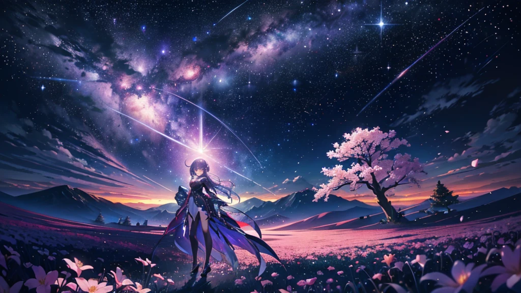 masterpiece、Concept Art、Panorama、central、figure、Wide Shot、Flower Garden、night、(meteor)、Space galaxy background、(壮大な構figure、epic proportion)、Dynamic lighting、Bright colors、cherry blossoms、One girl、