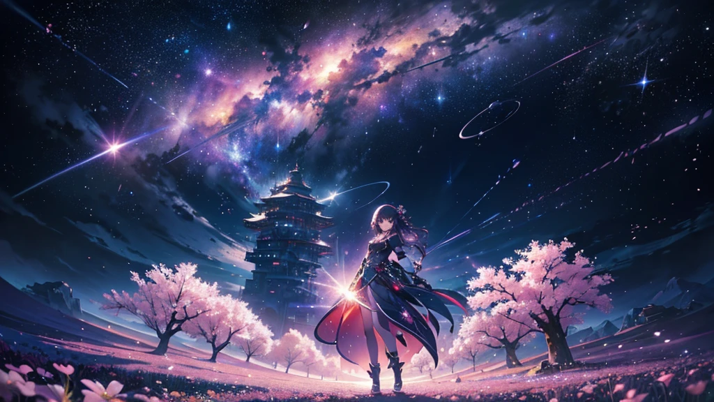 masterpiece、Concept Art、Panorama、central、figure、Wide Shot、Flower Garden、night、(meteor)、Space galaxy background、(壮大な構figure、epic proportion)、Dynamic lighting、Bright colors、cherry blossoms、One girl、