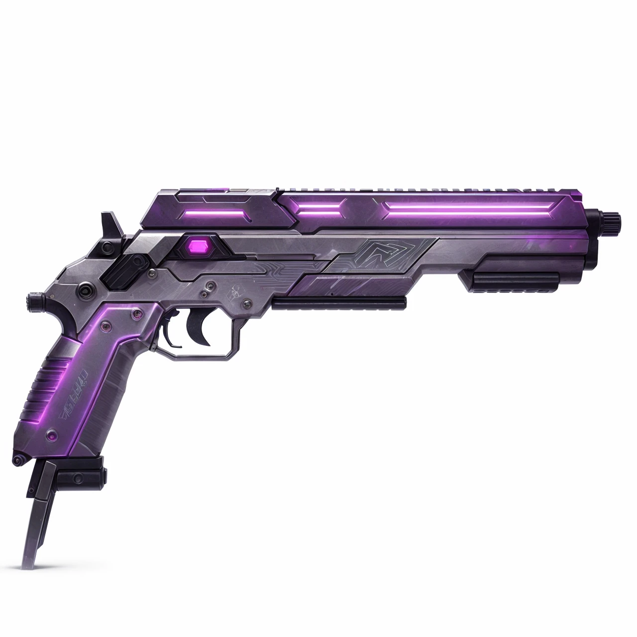 A futuristic handcannon, Revolver, handgun, gun, fun, scifi, LED lights, neon lights, chrome, silver, toxic pink, punk purple, deadly, pistol, item, weapon, highlights, etched, metal, cyberpunk
