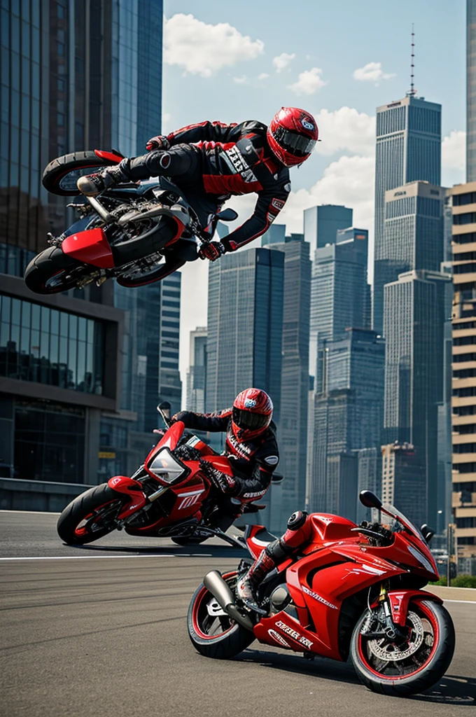 A red ZUKIA sports motorcycle racing over a modern city.