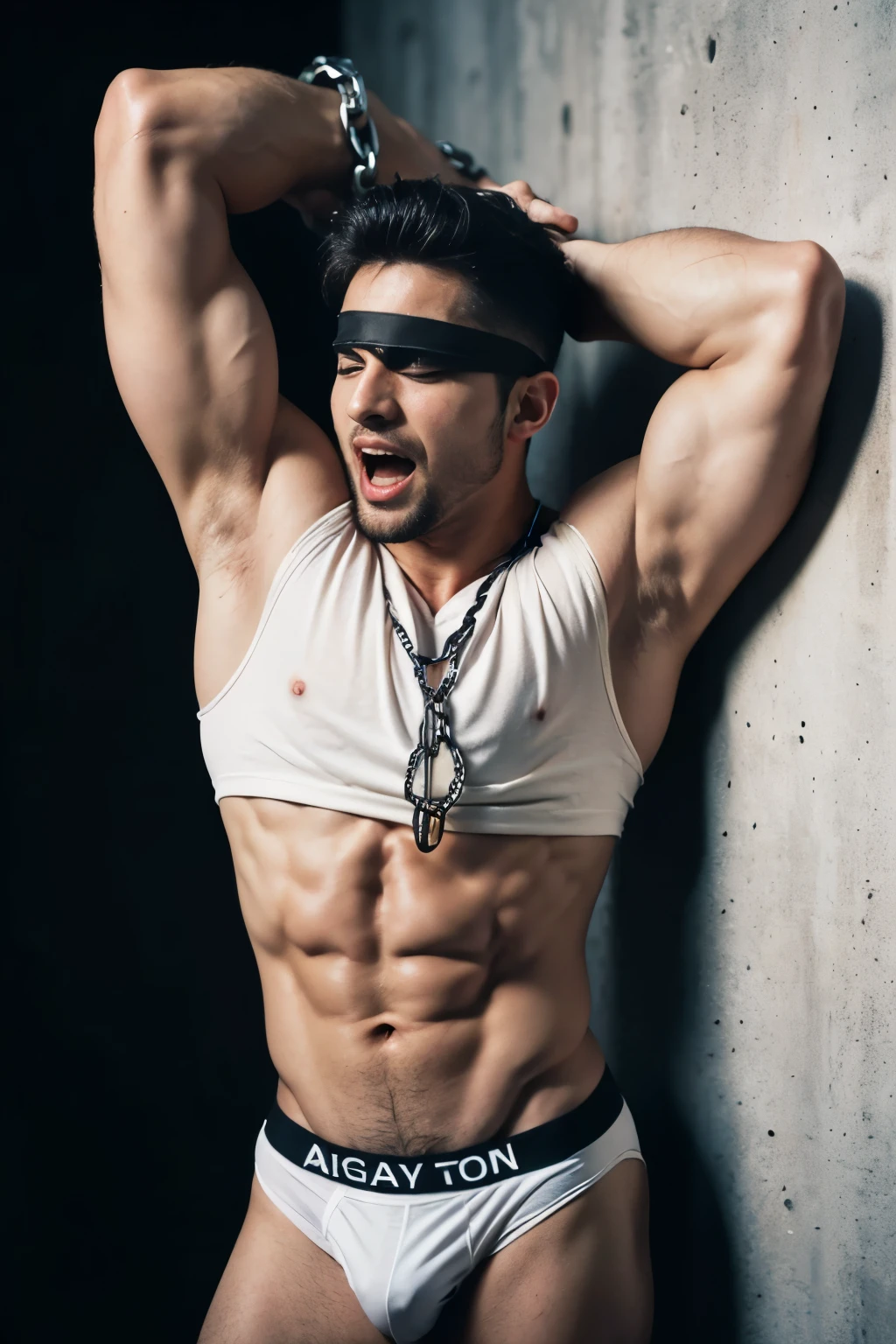 (8k, original photo, best quality，Half body photo) ,, ((( 25-year-old muscular blindfolded men, wearing a Torn and tattered dirty white t shirt, get caught his both hands tied up backward with iron chain)))，open mouth crying, screaming, standing，muscular man，blush，Shy expression，Mouth slightly open，Armpit Hair, micro thong ,pubic hair，wearing a teared dirty white t shirt and a black micro thong , hands are tied up backward with iron chain connected to wall，，a Asian muscular bodybuilding champion ,(((no cheast hair)))，((( black wall background)))，handsome man,Real human skin is smooth and delicate，delicate skin，Large nipples，Eyes and eyelashes are very detailed, muscular man, Manliness, male, Expose chest muscles, male love model, muscular, digital SLR, Super quality, XT3, crystal clear, 8k ultra high definition, high detail, Super real photos, (Realistic skin), ((pores)), ((high detail skin)), Volumetric light, groin, far, Complex 3D visualization, high detail,Real human skin ((Correct body structure)), (((correct anatomy))),(((Forced noise reduction)))