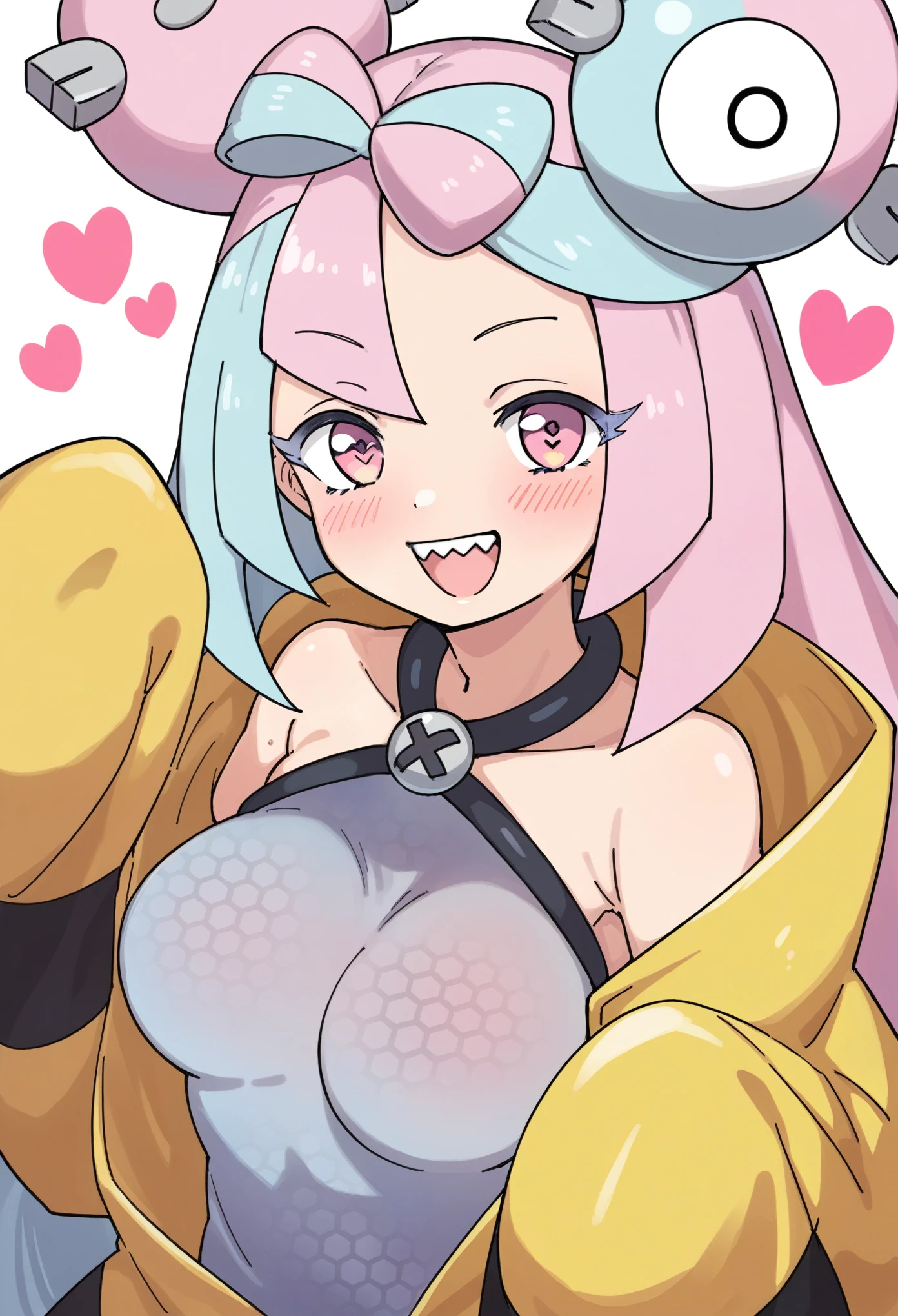 score_9, score_8_up, score_7_up, source_anime, BREAK, (((xeu))), breasts_on_glass,breast_press, open mouth, blush, half closed eyes, hearts, smile,medium breasts, 1girl, solo,pokemon iono, blue hair, bow-shaped hair, character hair ornament, hair ornament, long hair, low-tied long hair, multicolored hair, pink hair, sharp teeth, split-color hair, twintails, two-tone hair, pink eyes,