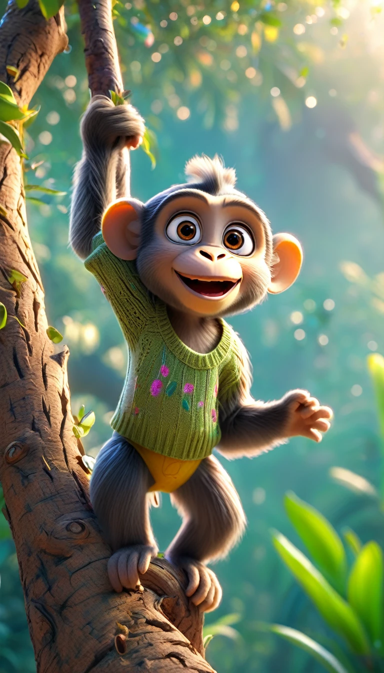 cute monkey, over a tree, cartoon, arms, sweater, cute eyes, looking at viewer, hands up, effects background, florest, particles