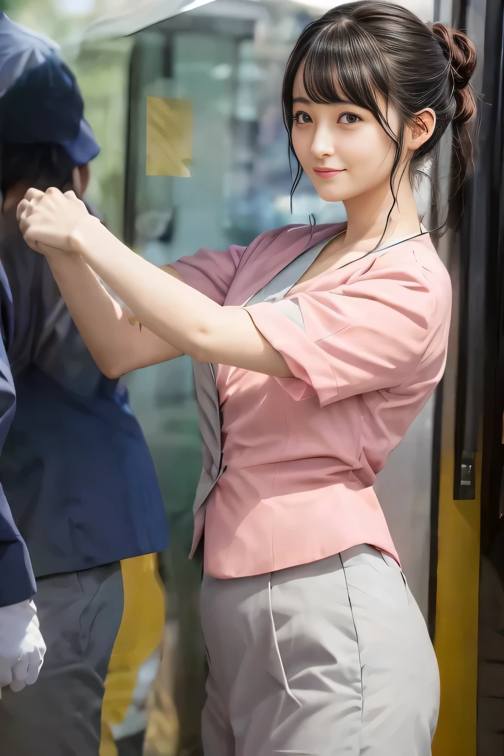 (masterpiece:1.2, Highest quality:1.2), 32k HDR, High resolution, (alone、1 girl)、 (Height: 160cm)、（On the rooftop of a building in the daytime、Professional Lighting）、Building rooftop background、（Nankai train crew uniform pinkを着たリアルスタイル）、（Nankai train crew uniform pink short sleeve collarless pink jacket、Nankai Train Crew Uniform Pink Collarless Short Sleeve Blouse、Nankai Train Crew Uniform Pink Grey Knee-length Culottes）、（The pink jacket is showing from the culottes.）、Dark brown hair、（Hair tied up、Hair tied up、Evening curly hairstyle）、Dark brown hair、Long Shot、Big Breasts、Thin legs、（（Great hands：2.0）），（（Harmonious body proportions：1.5）），（（Normal limbs：2.0）），（（Normal finger：2.0）），（（Delicate eyes：2.0）），（（Normal eyes：2.0））)、smile、（Nankai Train Crew Uniform Pink Grey Knee-length Culottesを見せた美しい歩く姿）、Place your hands around your stomach、Lanyard employee ID card