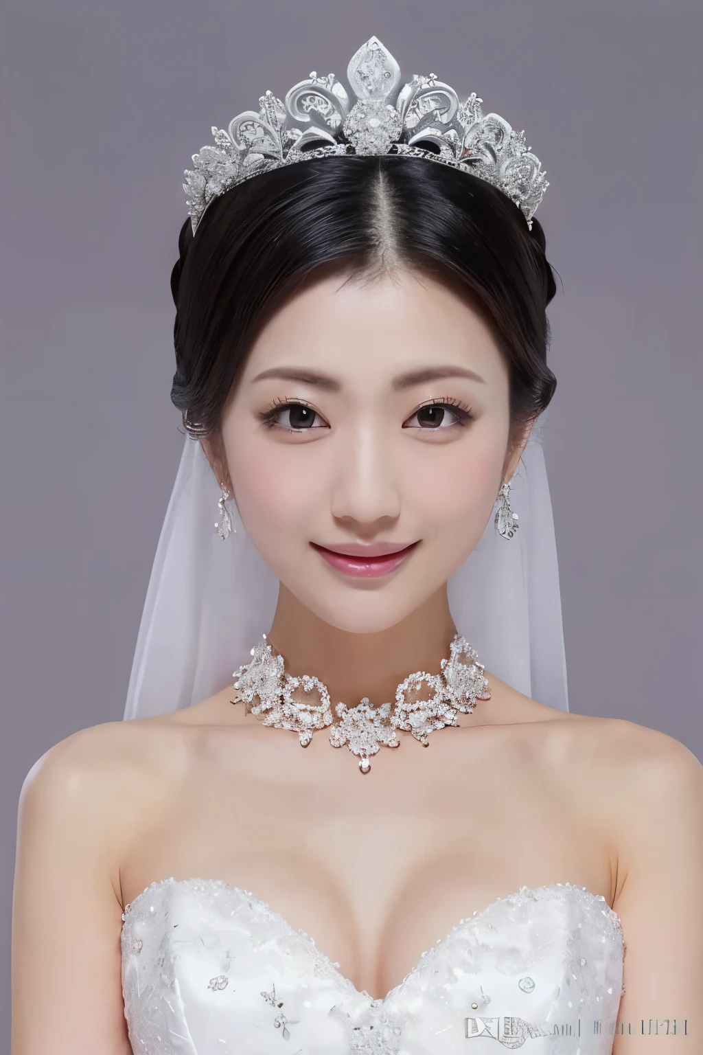 (Highest quality、Tabletop、8K、Best image quality、Award-winning works)、One beautiful bride、(alone:1.1)、(The most extravagant and gorgeous huge pure white wedding dress:1.1)、(Perfect Wedding Lace:1.2)、(The most gorgeous and luxurious giant tiara:1.1)、(The most extravagant and luxurious giant necklace:1.1)、The finest jewellery decoration、Perfect Makeup、Long eyelashes、Ultra HD Shining Eyes、Ultra HD Hair、Ultra-high resolution glossy lips、Super high resolution beautiful face、(Accurate anatomy:1.1)、Very bright and beautiful skin、very bright and vivid、Perfect beautiful bridal hairstyles、(Front facing body:1.1)、(The simplest solid color background:1.2)、(Cold, expressionless face:1.4)