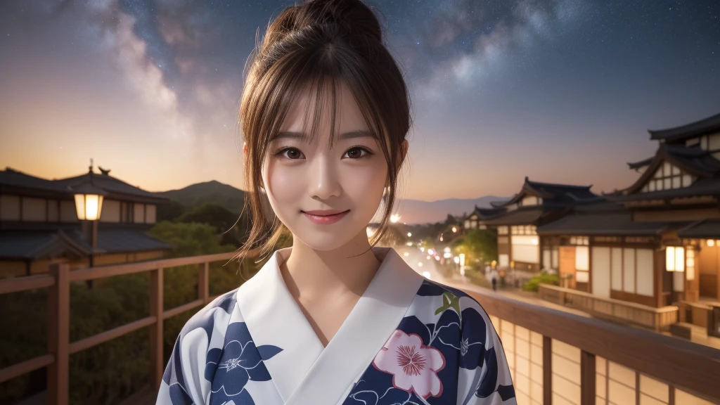 (1women), bun hair, (round eyes:1.2), (highly detailed face), (extremely detailed beautiful face), (smile happily), (floral pattern yukata), (Best Quality:1.4), (Ultra-detailed), extremely detailed CG unified 8k wallpaper, Realistic portrait, Beautiful detailed, High-definition raw color photos, professional photography, night sky, tanzaku, (Japan's Tanabata, Tanabata night), tanzaku, beautiful milky way, (fine face:1.2), focus on women