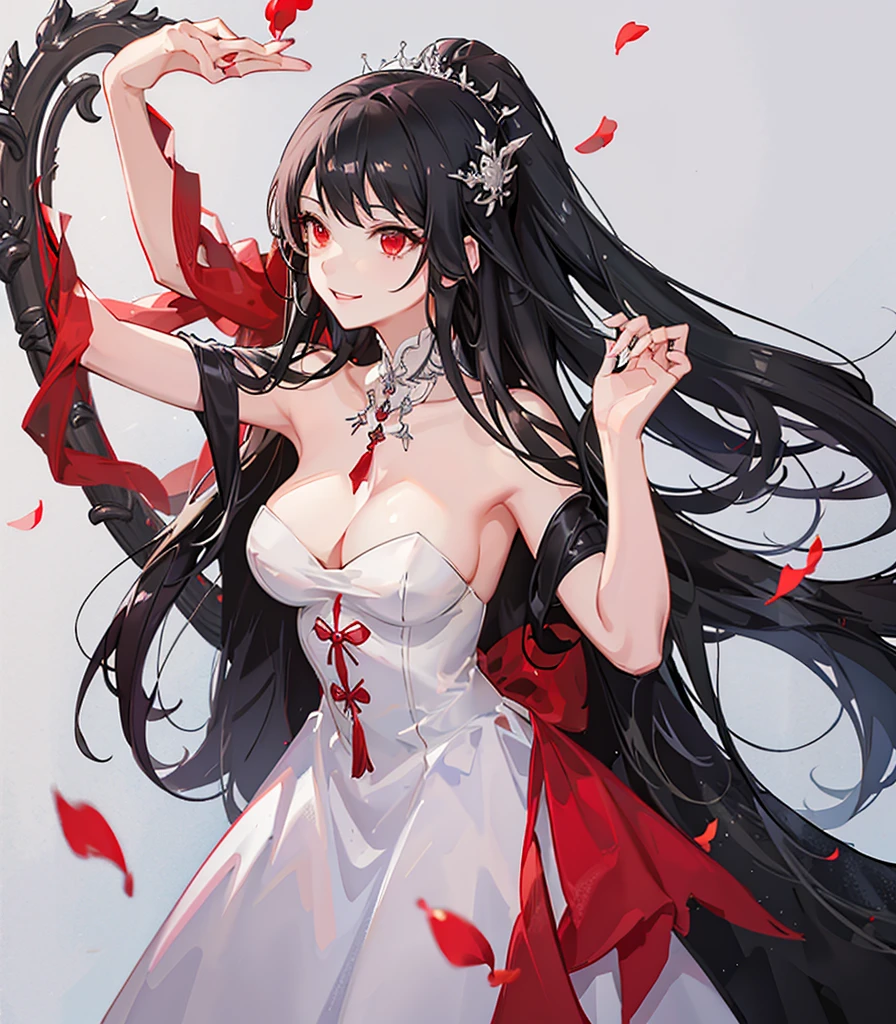 1 girl , long black hair, Red eyes, elegant white wedding dress , big breasts, clear skin, happy face