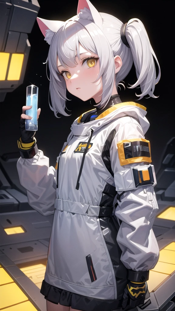 masterpiece, best quality, 1girl, spacecraft interior, spacesuit, upper body, from side, science fiction, yellow eyes, twintails, silver hair, cat ears, looking at viewer,