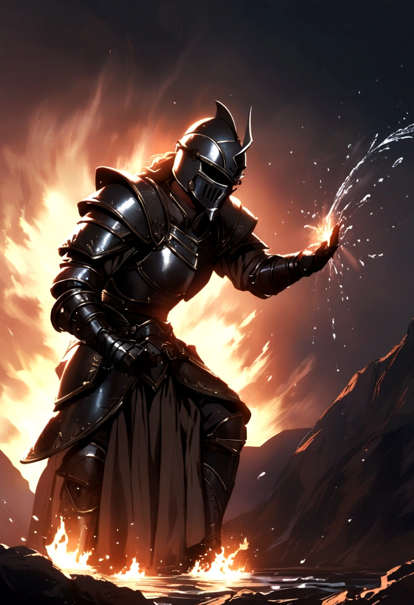 The warrior in armor and helmet gets up and puts out the fire by throwing water.