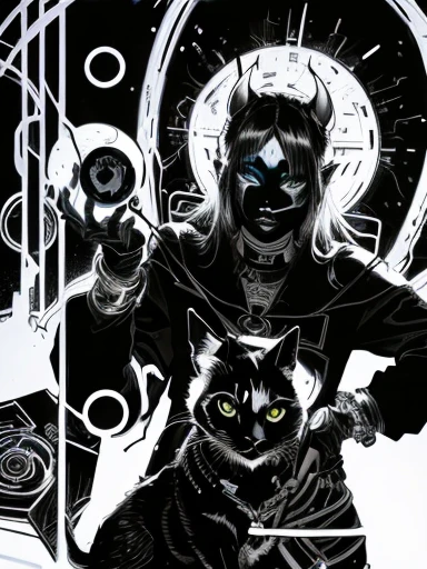 a black and white drawing of a woman holding a cat, dark linework, laurie greasley and james jean, the dark god of cats, occult cyberpunk, cosmic tiefling d&d, dense linework, inspired by Kilian Eng, dark high-contrast concept art, art deco shaman, jen bartel, occult inspired, laurie greasley, tiefling
