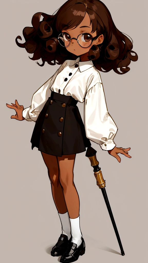 a girl with light brown skin, average stature, dark brown hair(almost black) short curly with bangs, brown eyes and glasses, white button tucked blouse, black foul, long stockings and black shoes, manage me chibi