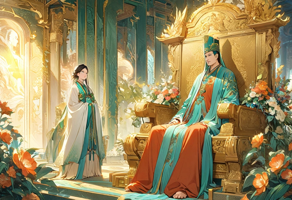 show 2 people, a jade Emperor seated on a magnificent golden throne in the heavenly realm looks down to a young farmer who is in simple clothing stands respectfully before him . Surround them with vibrant celestial flora under a soft, golden light, symbolizing the sacred nature of the encounter.